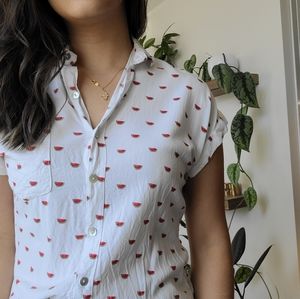 Watermelon summer button-down short sleeve blouse